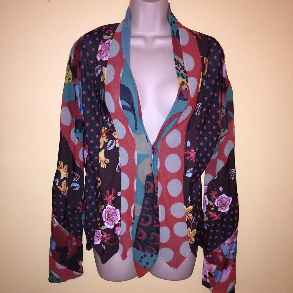 FUZZI snap front snap mesh knit top